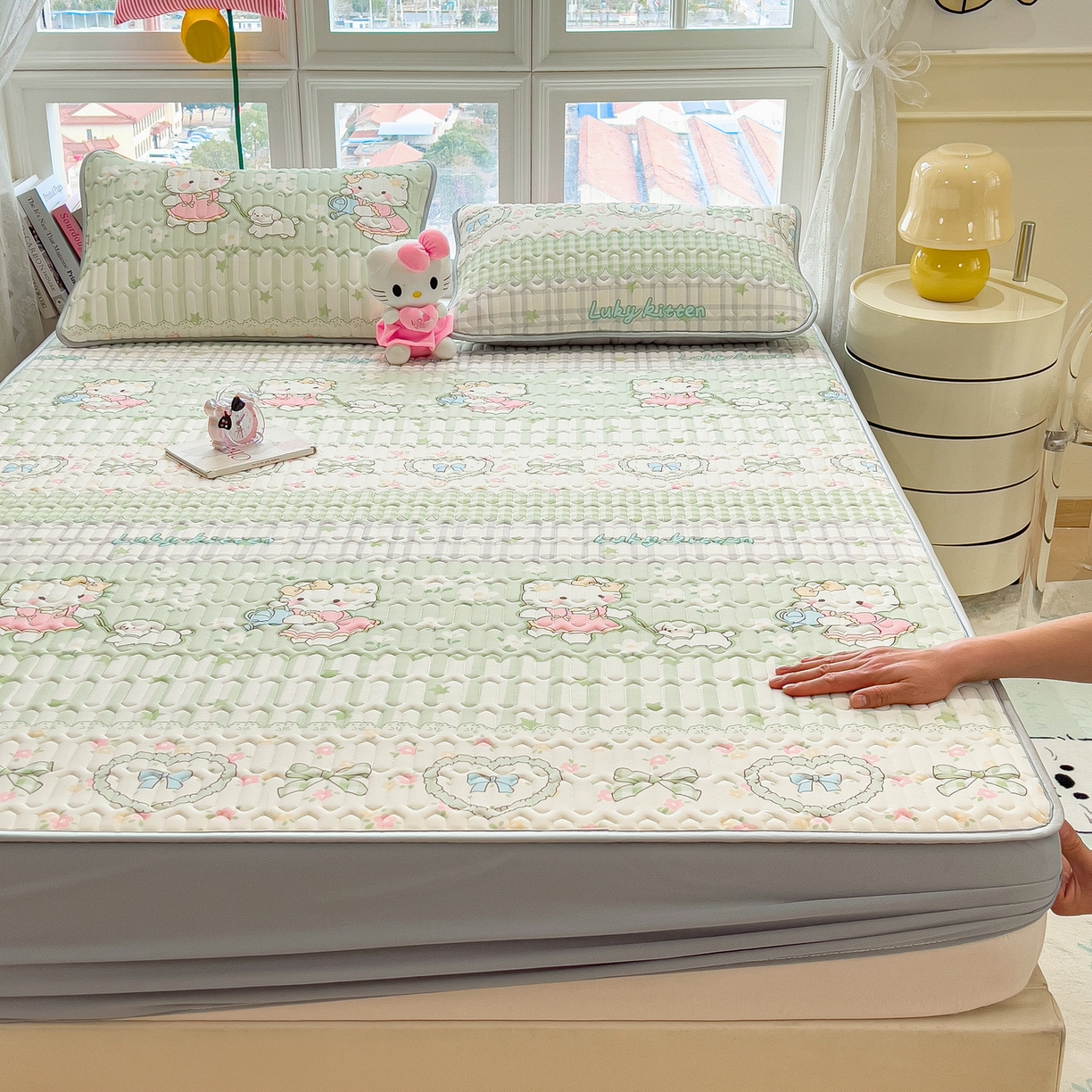 91家纺网 家纺一手货源 找家纺 丝羽坊 2026新款高密凉感丝印花乳胶凉席-床笠款 薄荷甜心