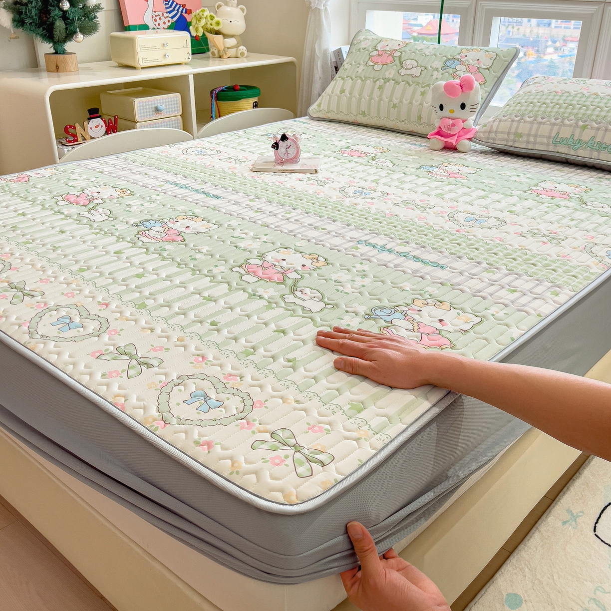 91家纺网 家纺一手货源 找家纺 丝羽坊 2026新款高密凉感丝印花乳胶凉席-床笠款 薄荷甜心