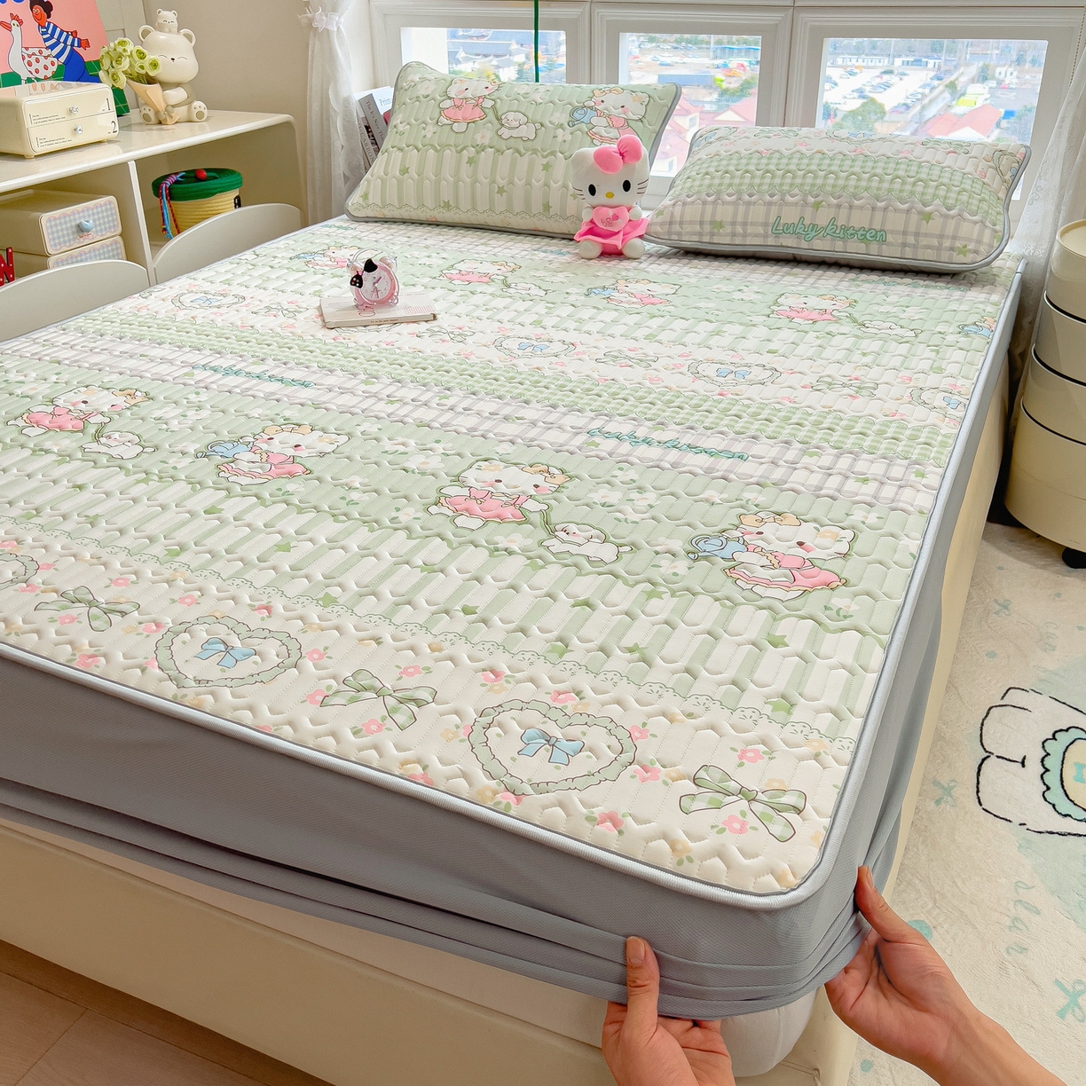 91家纺网 家纺一手货源 找家纺 丝羽坊 2026新款高密凉感丝印花乳胶凉席-床笠款 薄荷甜心