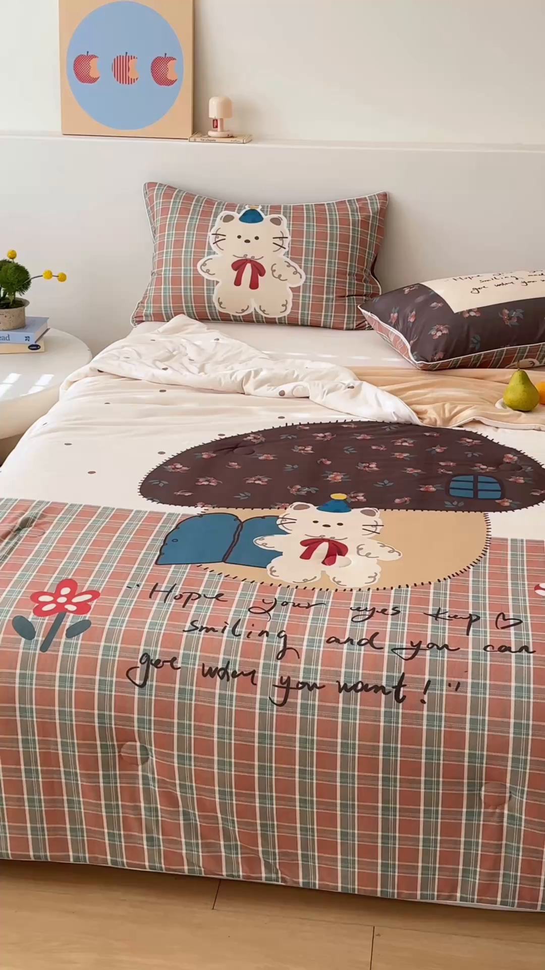 91家纺网 家纺一手货源 找家纺 朵希曼 2026年牛奶针织棉大版卡通夏被夏凉被空调被 格纹喵屋