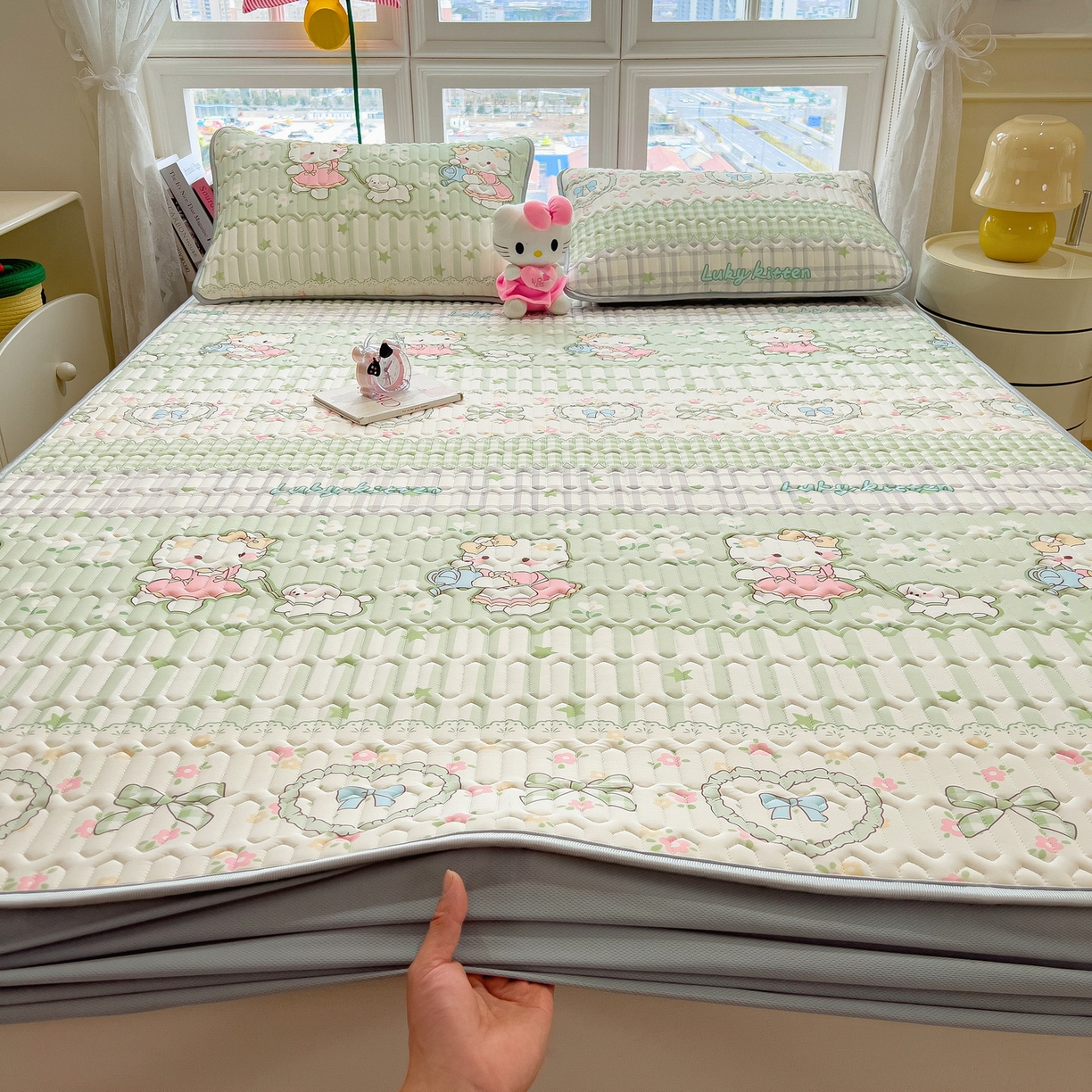 91家纺网 家纺一手货源 找家纺 丝羽坊 2026新款高密凉感丝印花乳胶凉席-床笠款 薄荷甜心