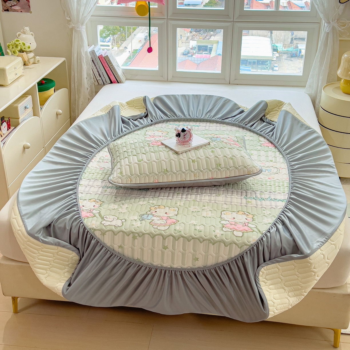 91家纺网 家纺一手货源 找家纺 丝羽坊 2026新款高密凉感丝印花乳胶凉席-床笠款 薄荷甜心