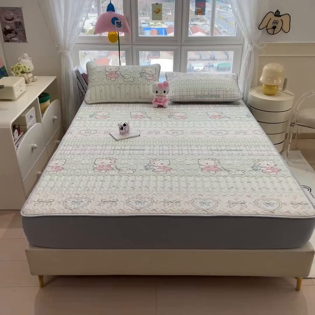 91家纺网 家纺一手货源 找家纺 丝羽坊 2026新款高密凉感丝印花乳胶凉席-床笠款 薄荷甜心