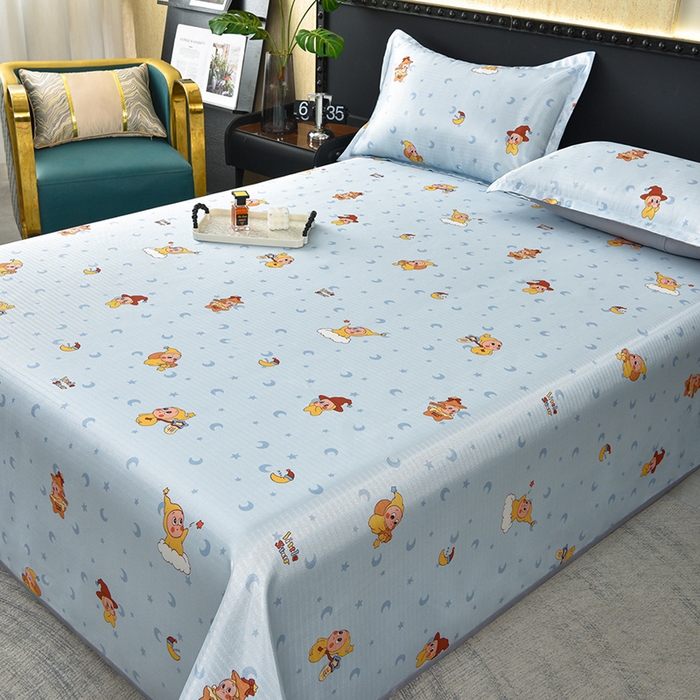 91家纺网 家纺一手货源 找家纺 念家居 2026新款轻奢可机洗水洗床单款高密大版斜纹冰丝凉席三件套 淡蓝童趣