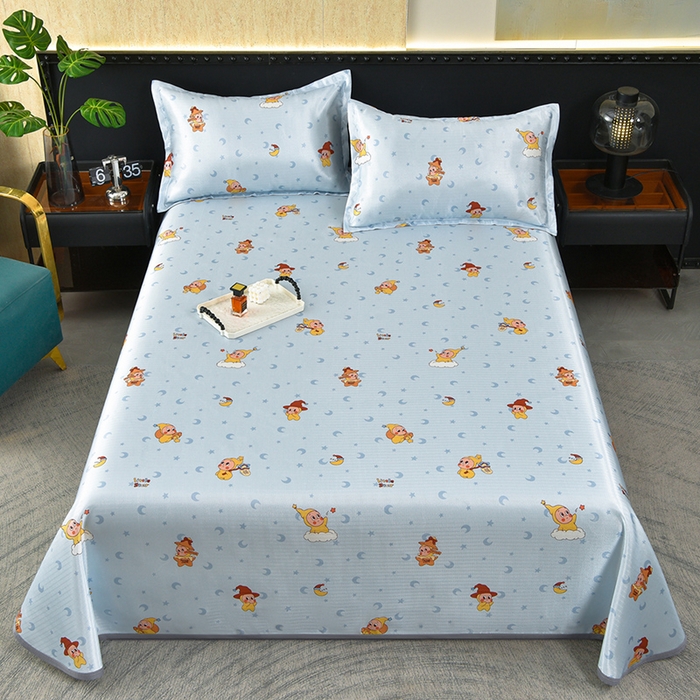 念家居 2026新款轻奢可机洗水洗床单款高密大版斜纹冰丝凉席三件套 淡蓝童趣