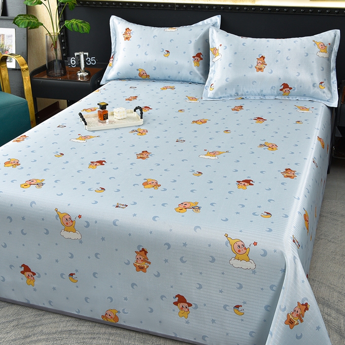 91家纺网 家纺一手货源 找家纺 念家居 2026新款轻奢可机洗水洗床单款高密大版斜纹冰丝凉席三件套 淡蓝童趣