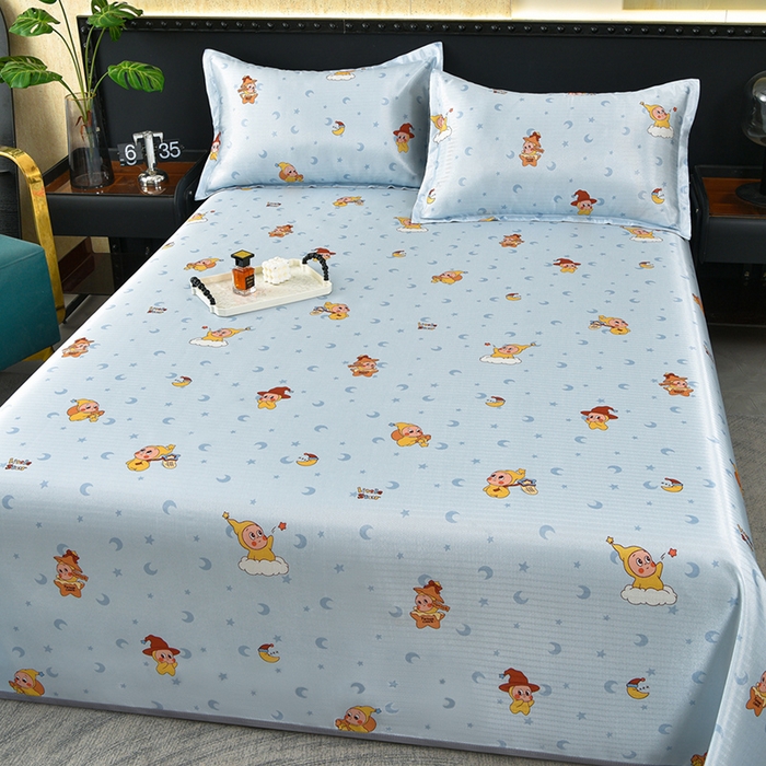 91家纺网 家纺一手货源 找家纺 念家居 2026新款轻奢可机洗水洗床单款高密大版斜纹冰丝凉席三件套 淡蓝童趣