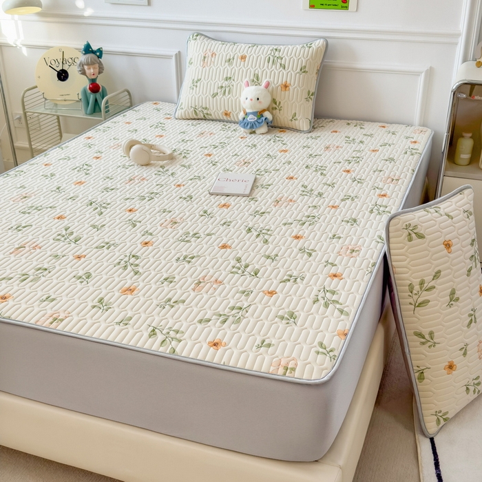 91家纺网 家纺一手货源 找家纺 丝羽坊 2026新款高密凉感丝印花乳胶凉席-床笠款 春意盎然