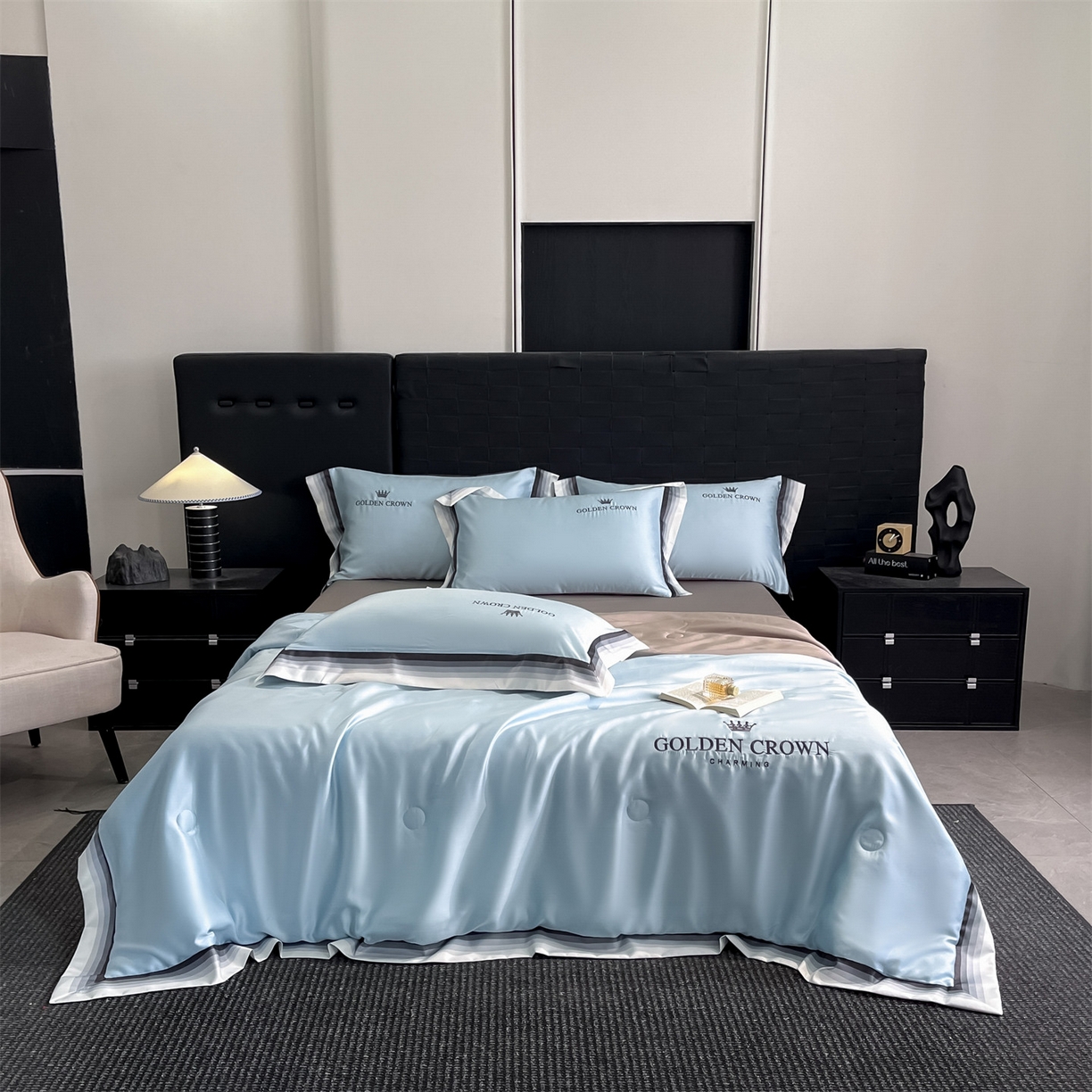 笙意家纺 2026新款水洗冰丝数码宽边刺绣夏被夏凉被空调被-贝拉系列 贝拉-天空蓝+山灰