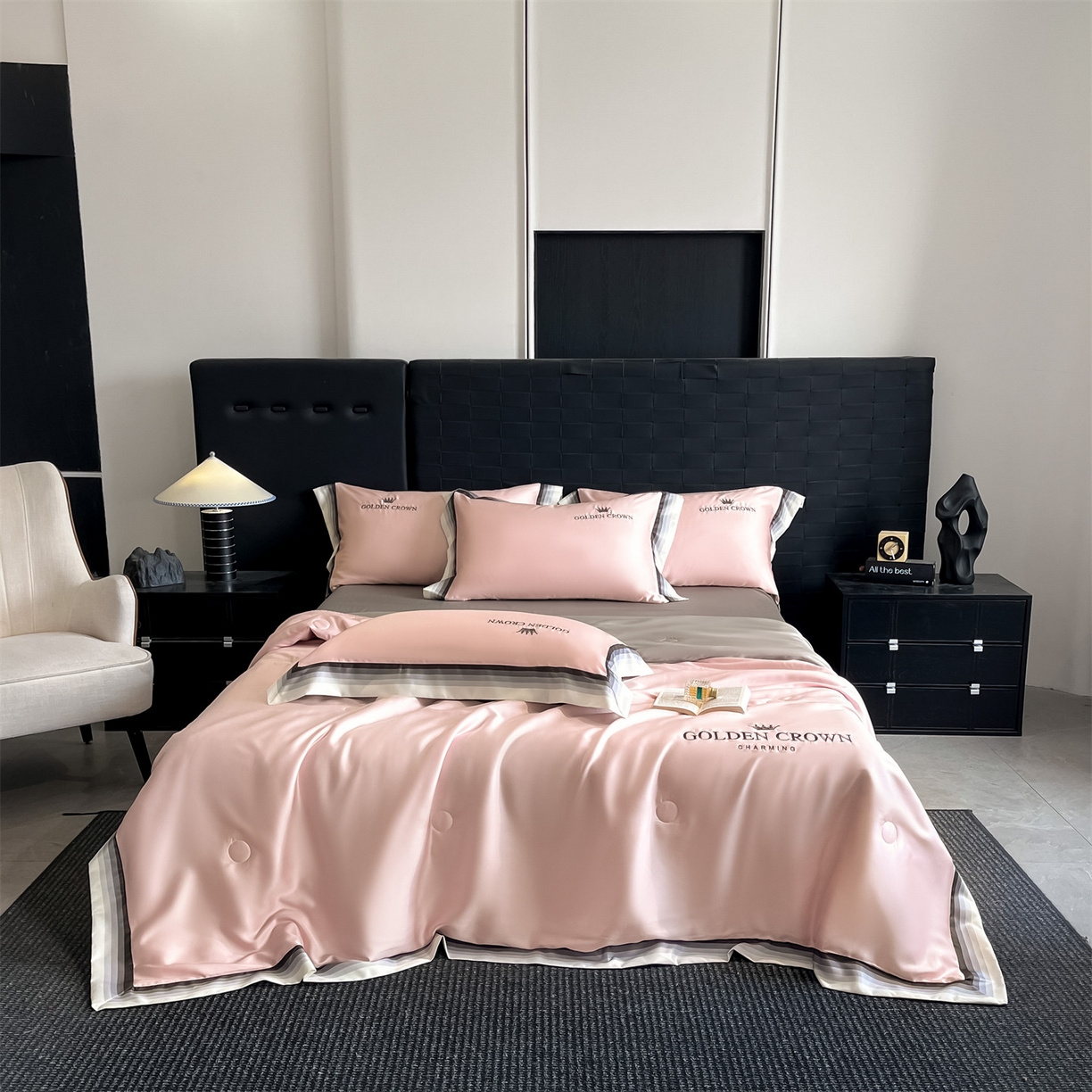 笙意家纺 2026新款水洗冰丝数码宽边刺绣夏被夏凉被空调被-贝拉系列 贝拉-奶油粉+山灰