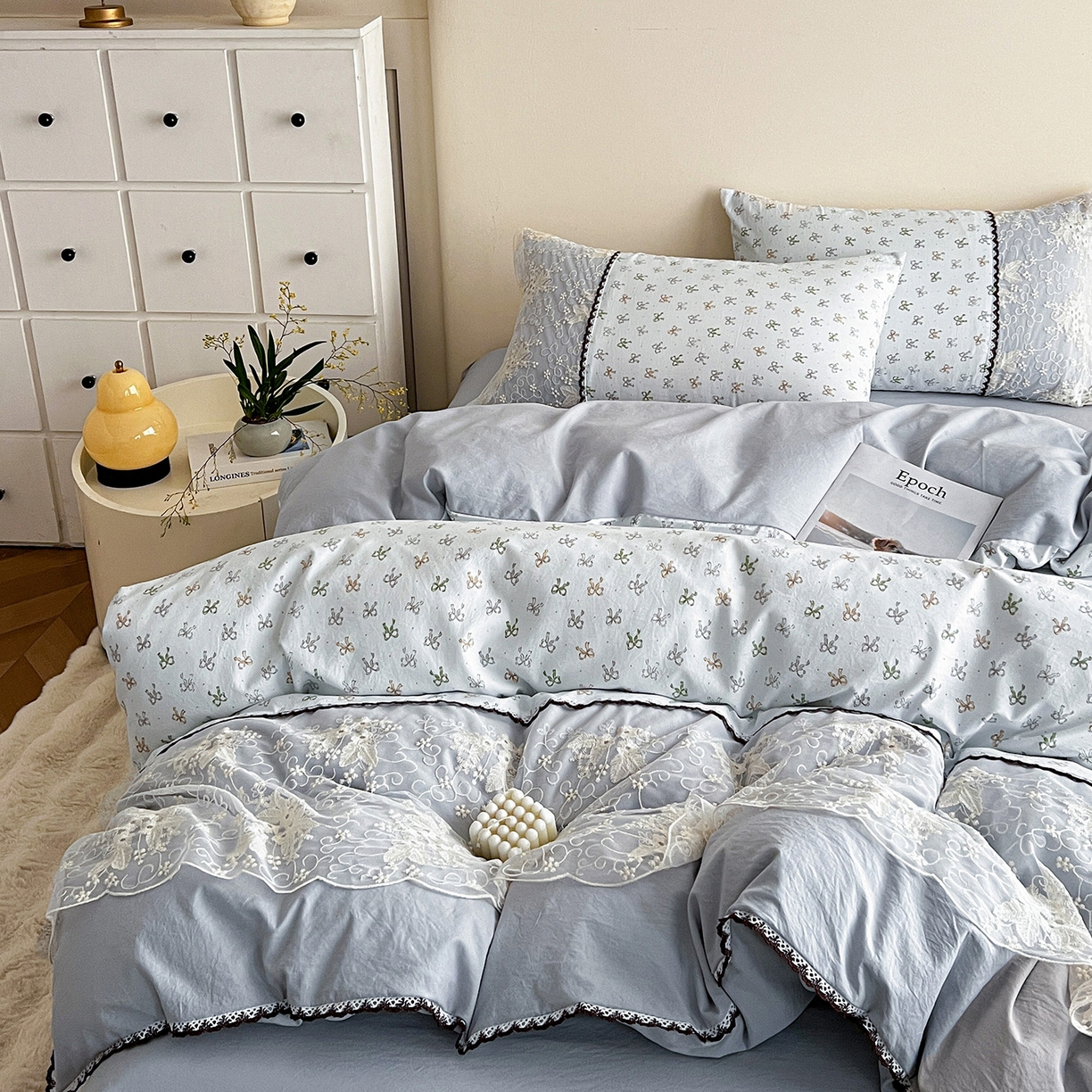 91家纺网 家纺一手货源 找家纺 纽缦家纺 2026新款A类105g仿棉四件套古法水洗棉套件-韩版系列 韩版-铃兰兰