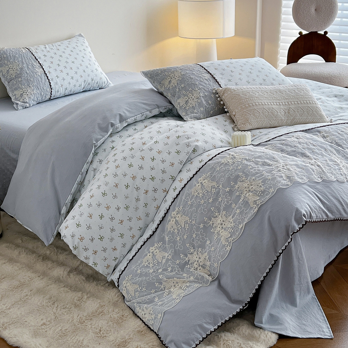 91家纺网 家纺一手货源 找家纺 纽缦家纺 2026新款A类105g仿棉四件套古法水洗棉套件-韩版系列 韩版-铃兰兰