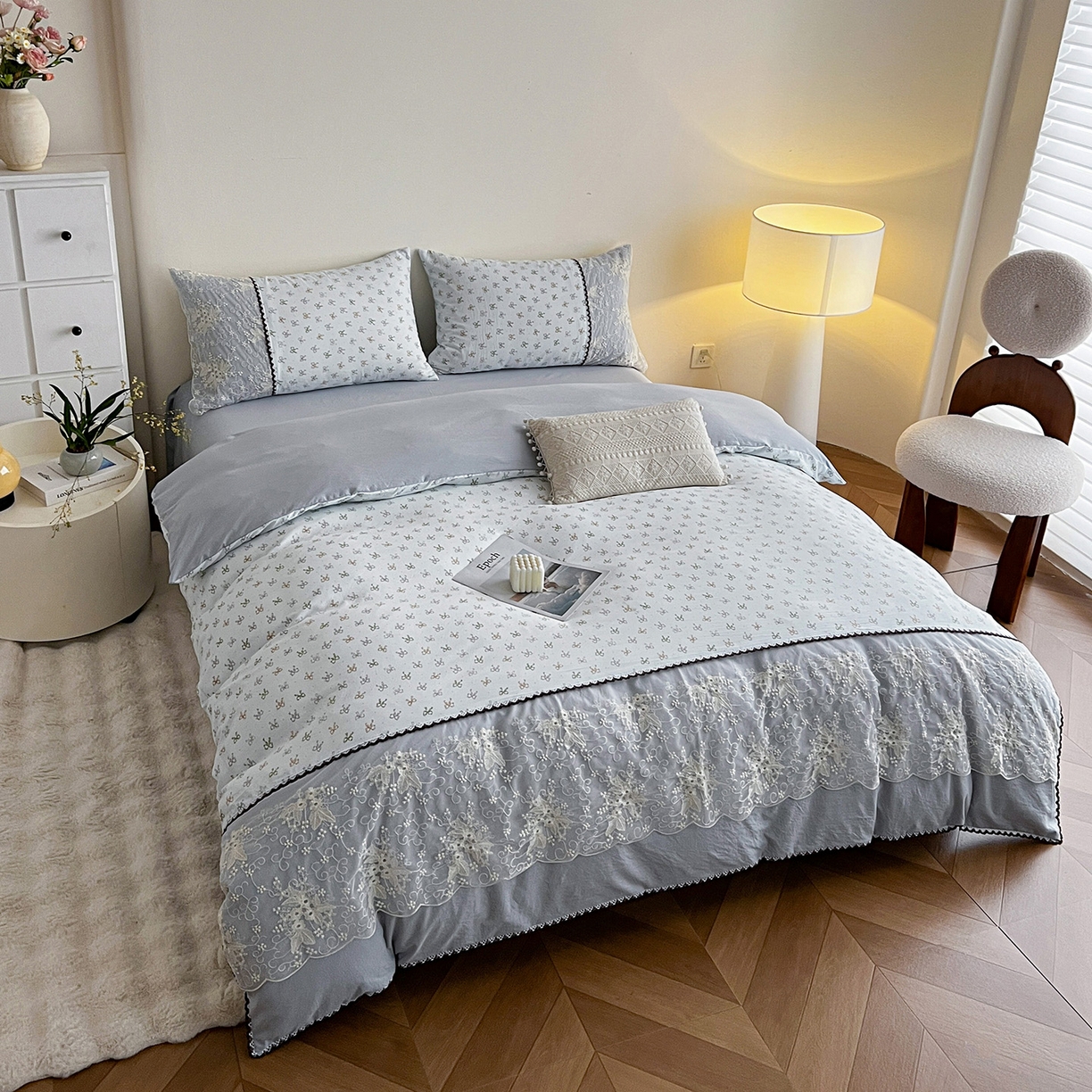 91家纺网 家纺一手货源 找家纺 纽缦家纺 2026新款A类105g仿棉四件套古法水洗棉套件-韩版系列 韩版-铃兰兰