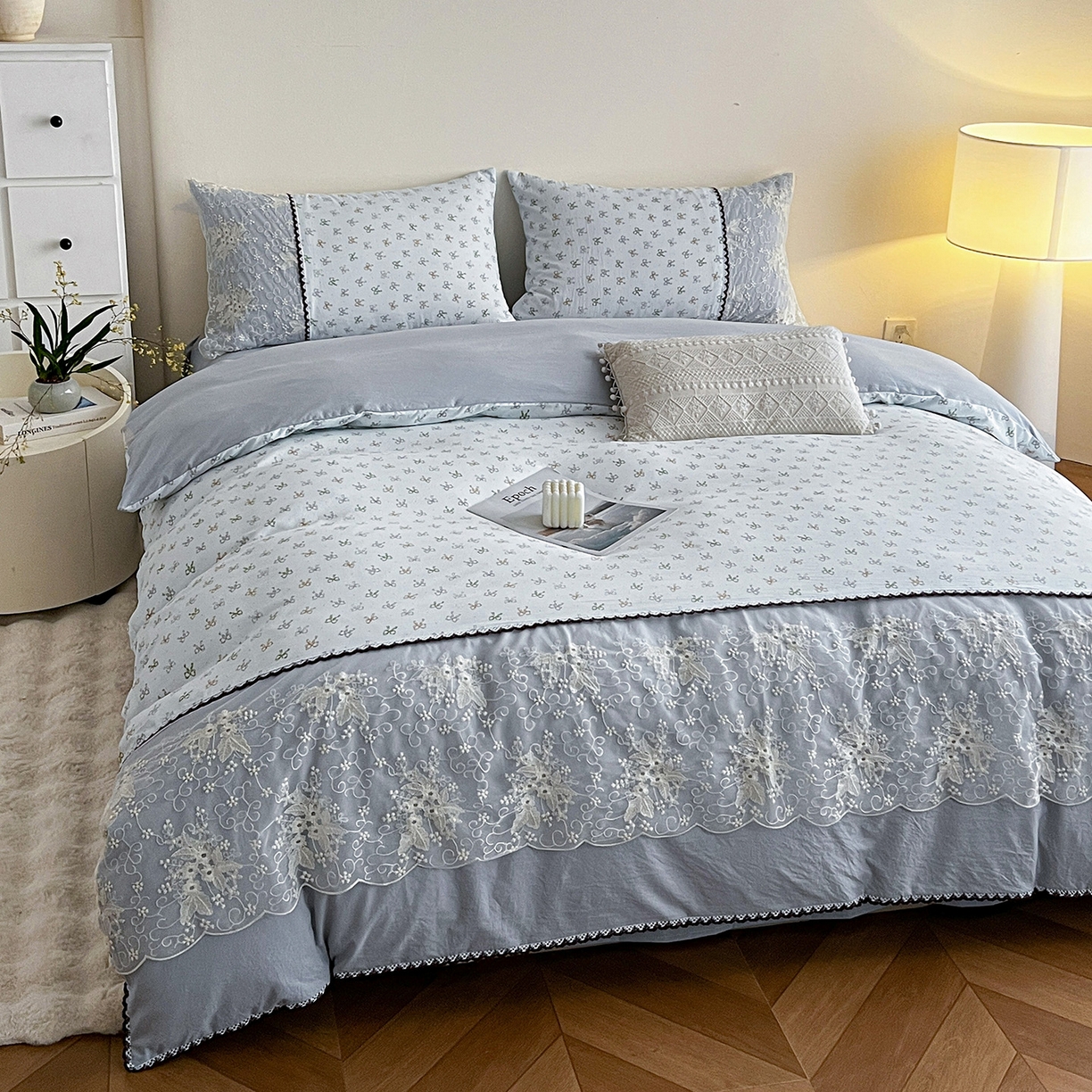 91家纺网 家纺一手货源 找家纺 纽缦家纺 2026新款A类105g仿棉四件套古法水洗棉套件-韩版系列 韩版-铃兰兰