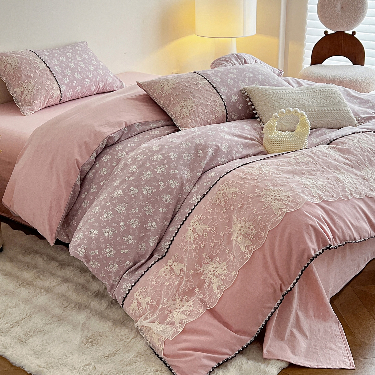 91家纺网 家纺一手货源 找家纺 纽缦家纺 2026新款A类105g仿棉四件套古法水洗棉套件-韩版系列 韩版-密爱豆沙