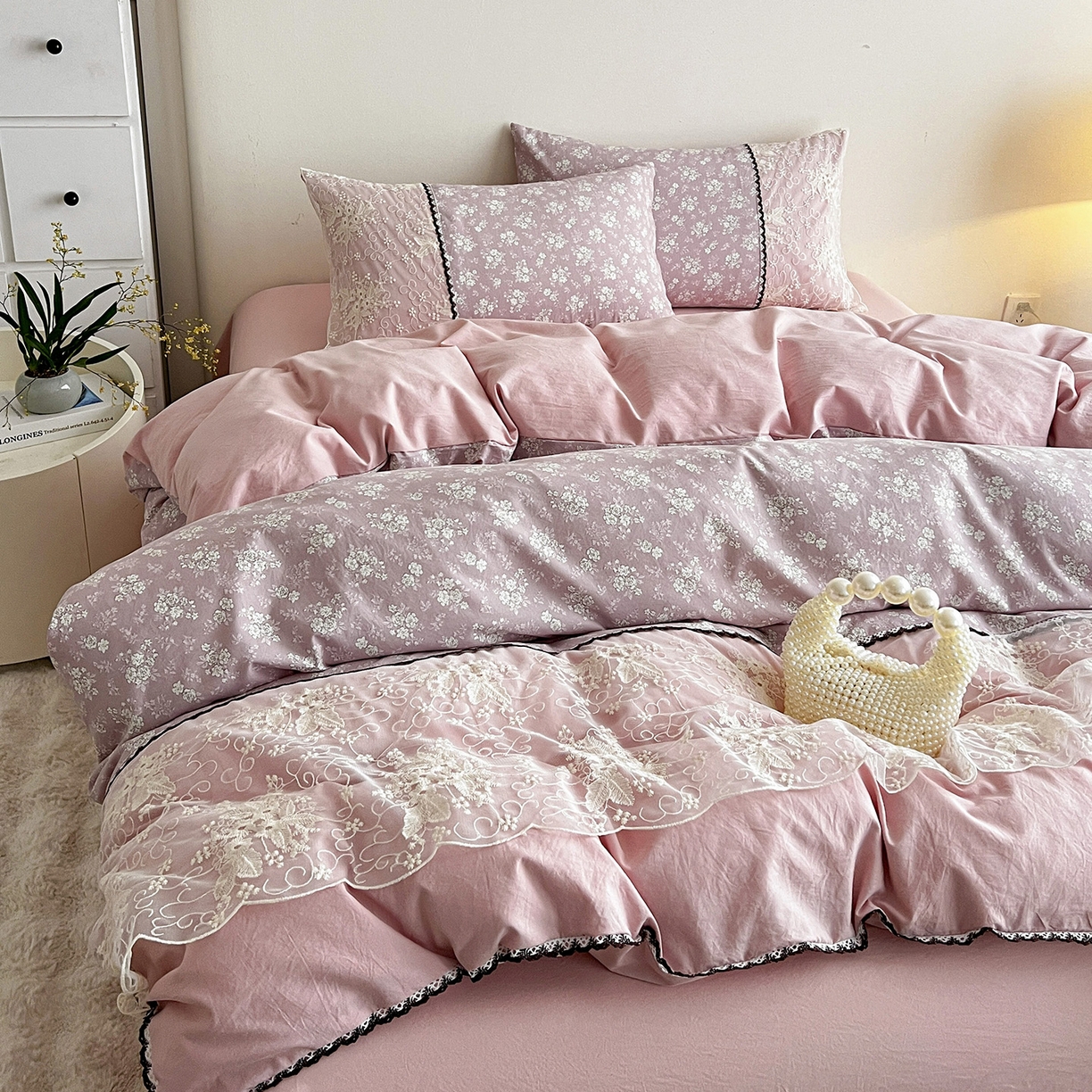 91家纺网 家纺一手货源 找家纺 纽缦家纺 2026新款A类105g仿棉四件套古法水洗棉套件-韩版系列 韩版-密爱豆沙