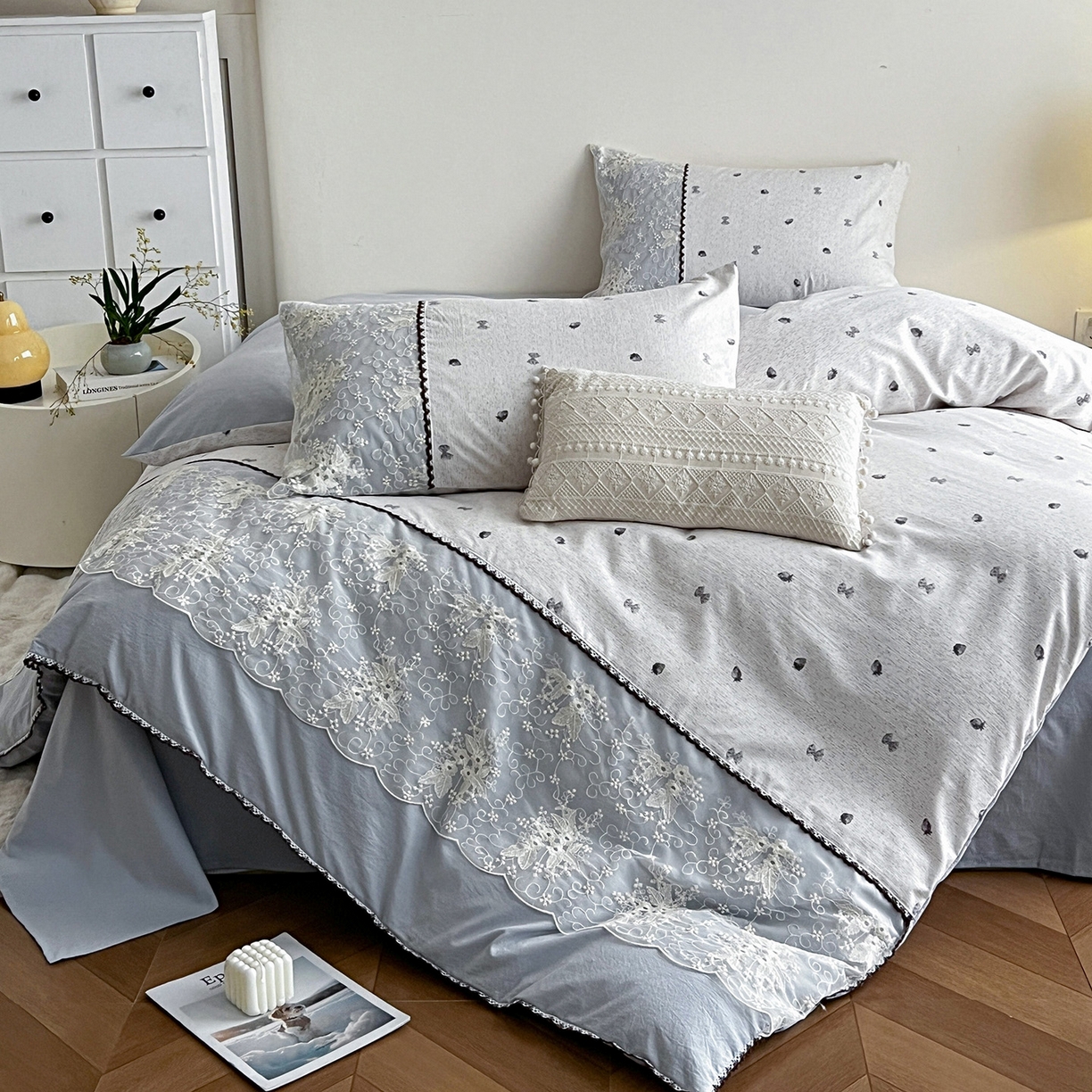 91家纺网 家纺一手货源 找家纺 纽缦家纺 2026新款A类105g仿棉四件套古法水洗棉套件-韩版系列 韩版-初春灰