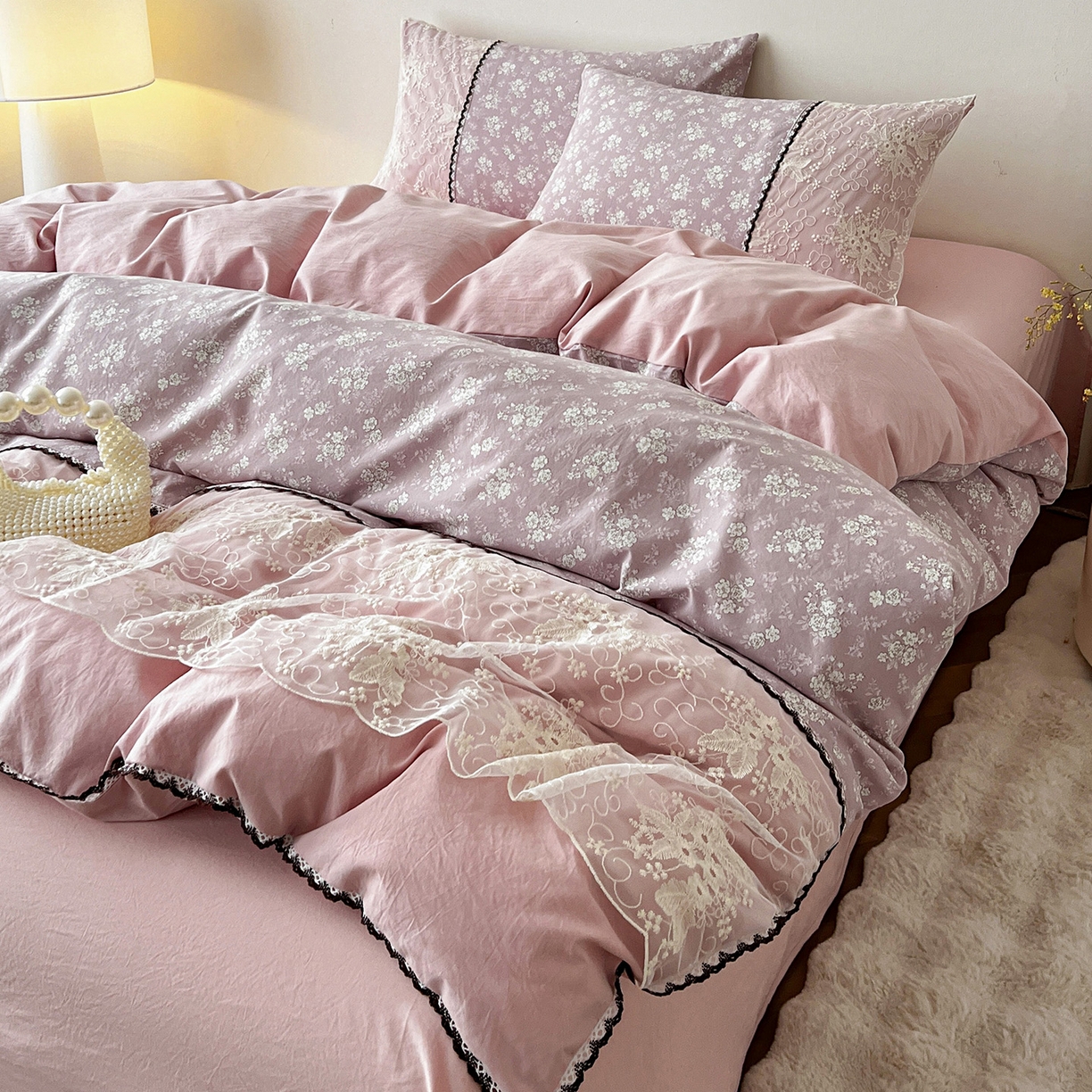 91家纺网 家纺一手货源 找家纺 纽缦家纺 2026新款A类105g仿棉四件套古法水洗棉套件-韩版系列 韩版-密爱豆沙