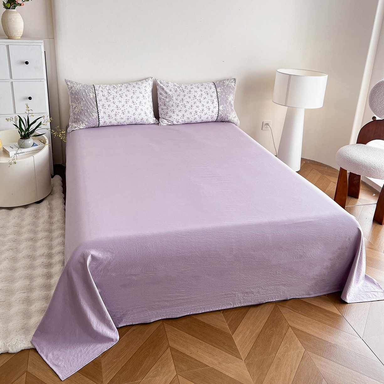 91家纺网 家纺一手货源 找家纺 纽缦家纺 2026新款A类105g仿棉四件套古法水洗棉套件-韩版系列 韩版-波影紫