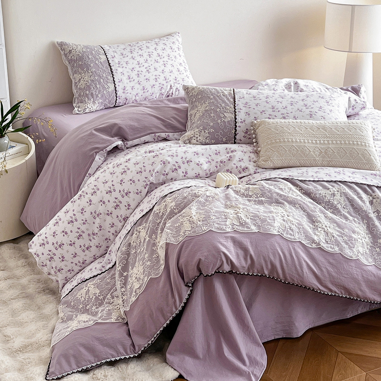 91家纺网 家纺一手货源 找家纺 纽缦家纺 2026新款A类105g仿棉四件套古法水洗棉套件-韩版系列 韩版-波影紫