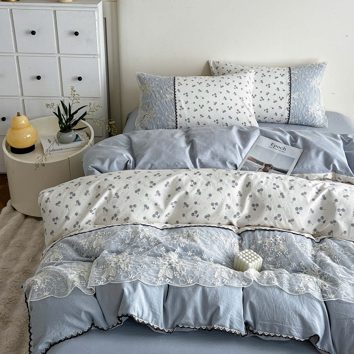 91家纺网 家纺一手货源 找家纺 纽缦家纺 2026新款A类105g仿棉四件套古法水洗棉套件-韩版系列 韩版-清丽灰