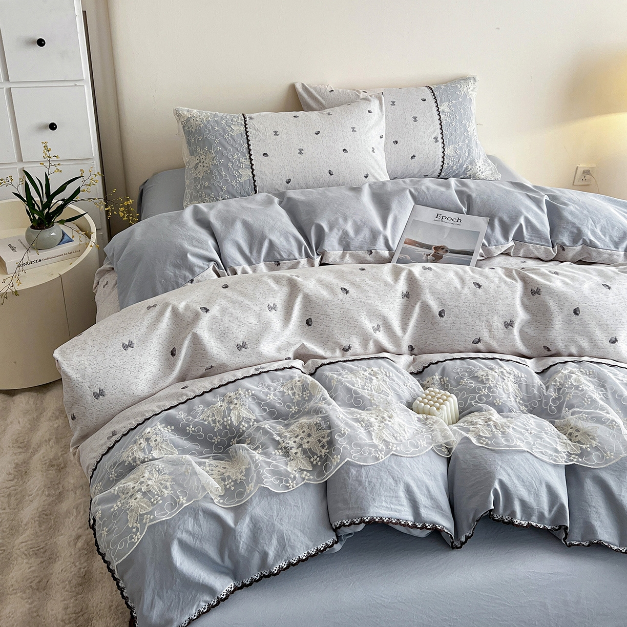 91家纺网 家纺一手货源 找家纺 纽缦家纺 2026新款A类105g仿棉四件套古法水洗棉套件-韩版系列 韩版-初春灰