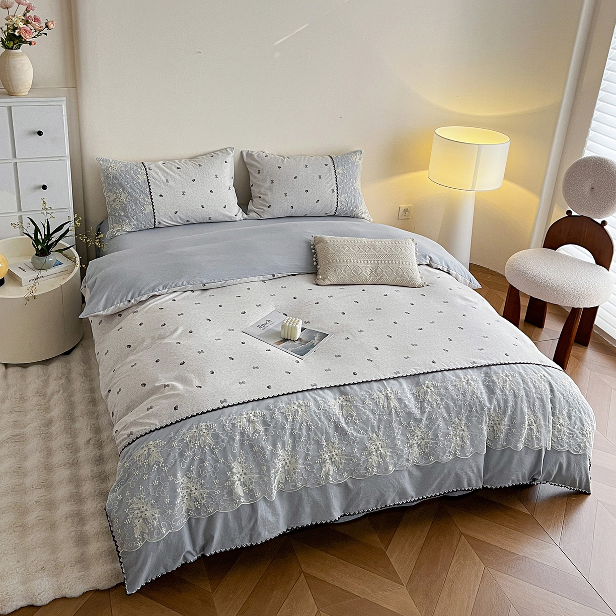 91家纺网 家纺一手货源 找家纺 纽缦家纺 2026新款A类105g仿棉四件套古法水洗棉套件-韩版系列 韩版-初春灰