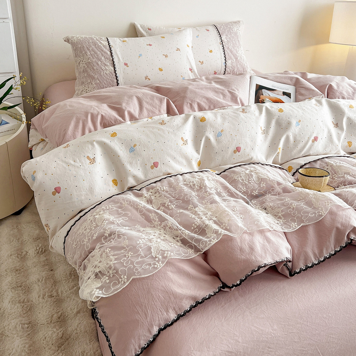 纽缦家纺 2026新款A类105g仿棉四件套古法水洗棉套件-韩版系列 韩版-莱茵杏