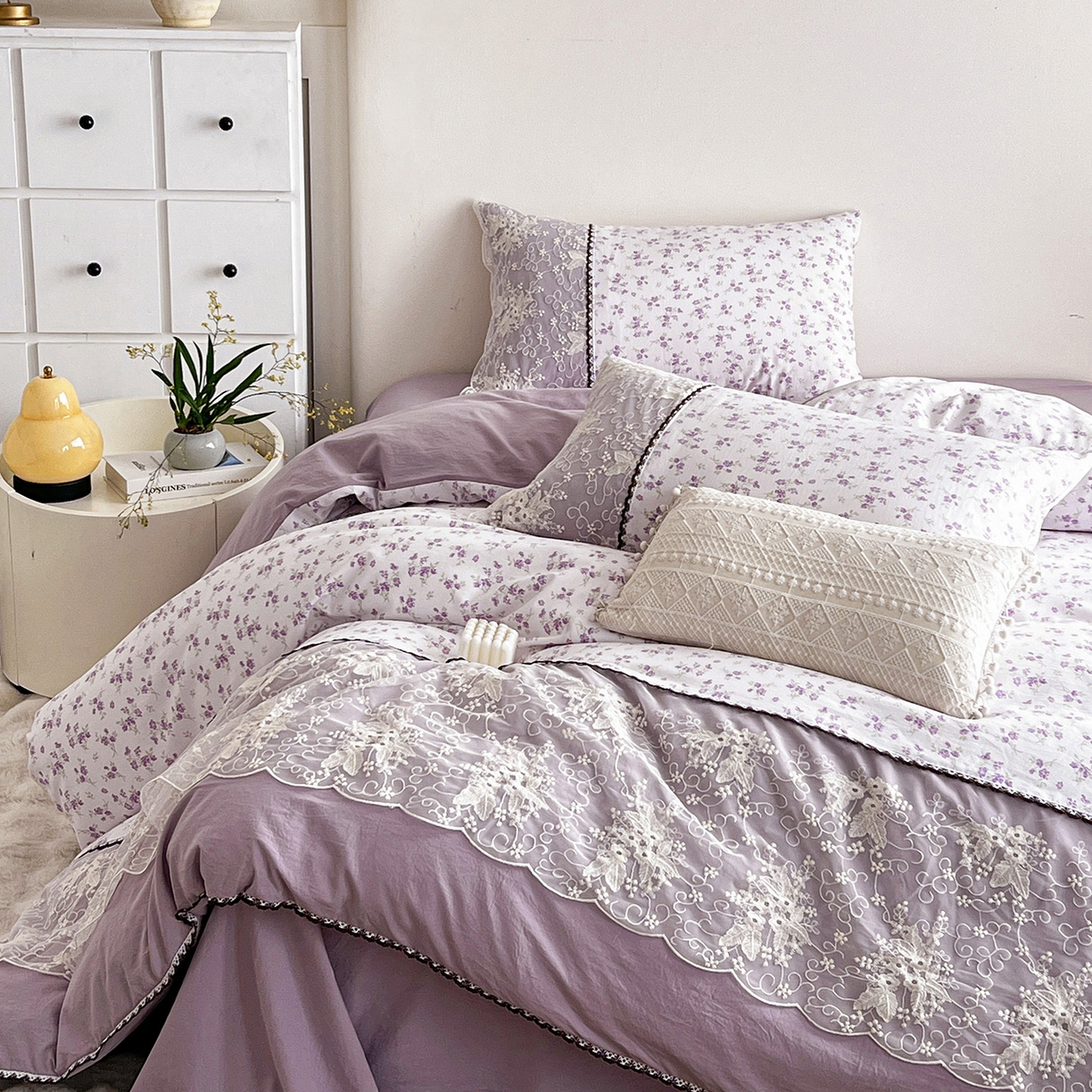 91家纺网 家纺一手货源 找家纺 纽缦家纺 2026新款A类105g仿棉四件套古法水洗棉套件-韩版系列 韩版-波影紫