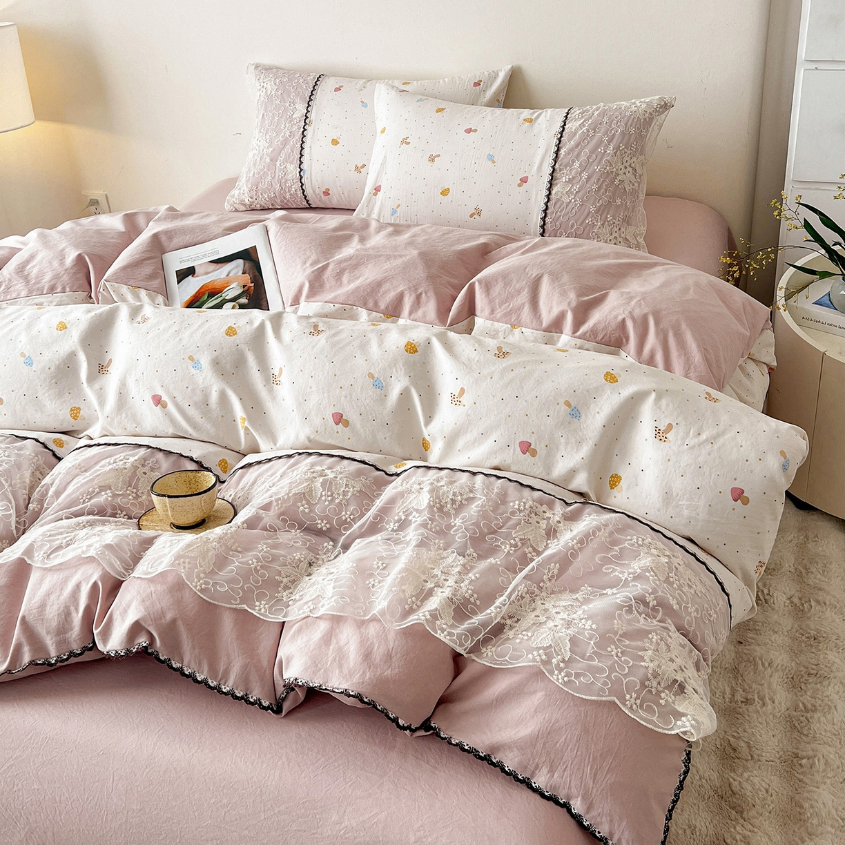 91家纺网 家纺一手货源 找家纺 纽缦家纺 2026新款A类105g仿棉四件套古法水洗棉套件-韩版系列 韩版-莱茵杏