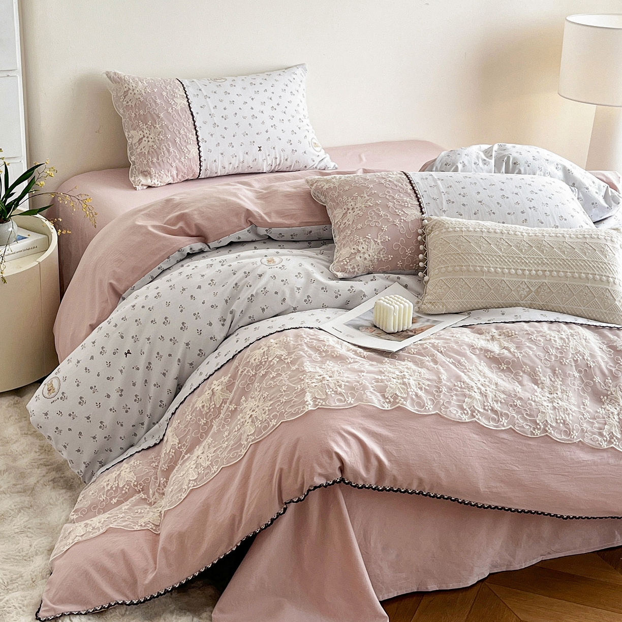 91家纺网 家纺一手货源 找家纺 纽缦家纺 2026新款A类105g仿棉四件套古法水洗棉套件-韩版系列 韩版-恋空灰