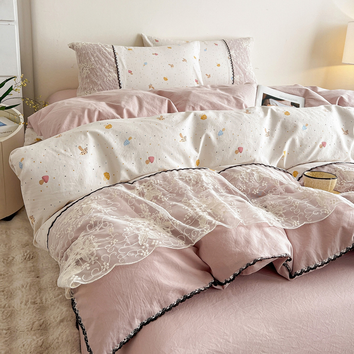 91家纺网 家纺一手货源 找家纺 纽缦家纺 2026新款A类105g仿棉四件套古法水洗棉套件-韩版系列 韩版-莱茵杏