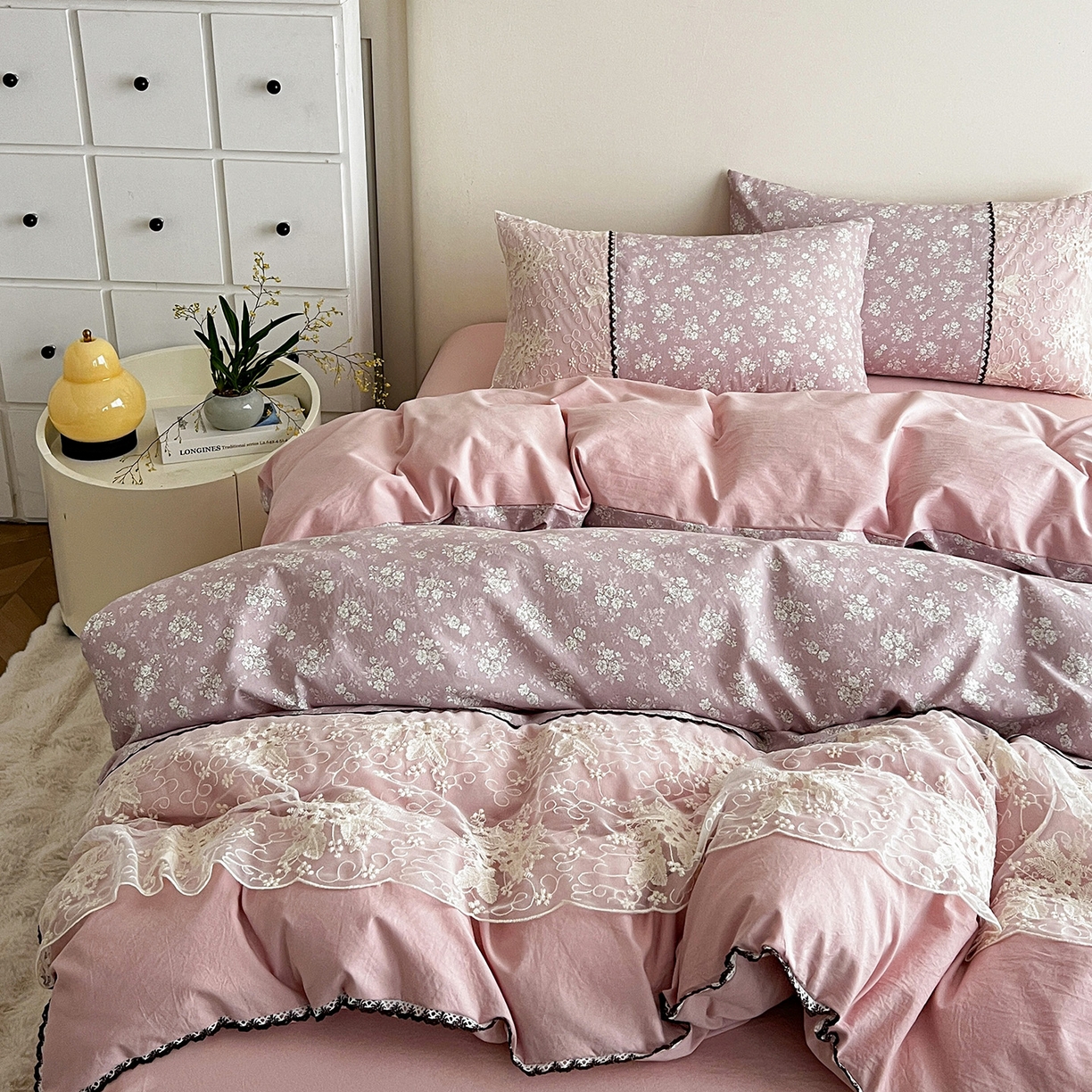 91家纺网 家纺一手货源 找家纺 纽缦家纺 2026新款A类105g仿棉四件套古法水洗棉套件-韩版系列 韩版-密爱豆沙