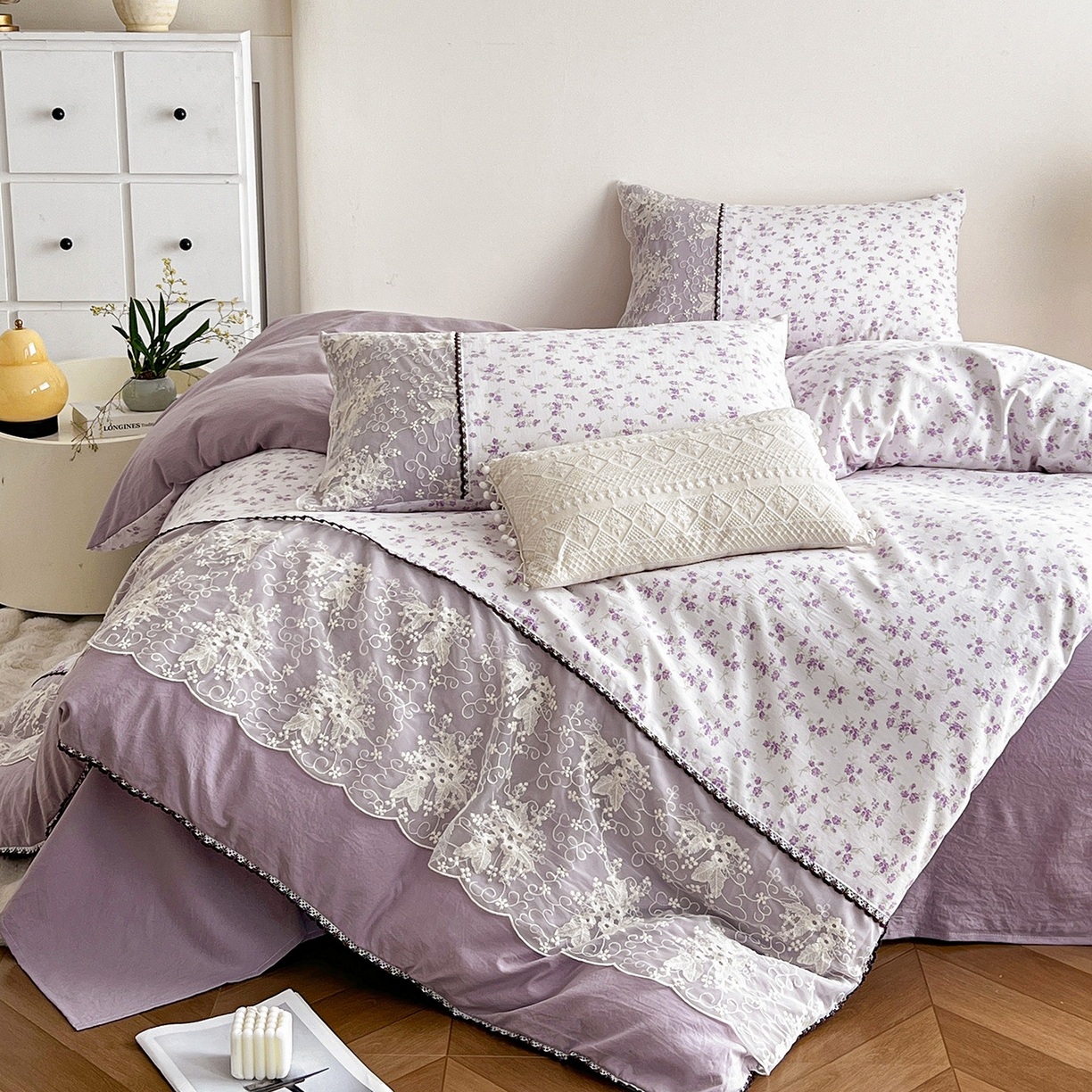 91家纺网 家纺一手货源 找家纺 纽缦家纺 2026新款A类105g仿棉四件套古法水洗棉套件-韩版系列 韩版-波影紫