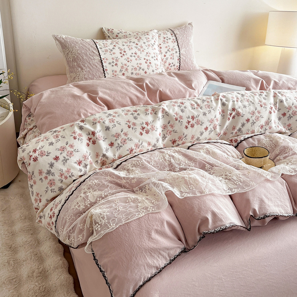 纽缦家纺 2026新款A类105g仿棉四件套古法水洗棉套件-韩版系列 韩版-芊朵豆沙