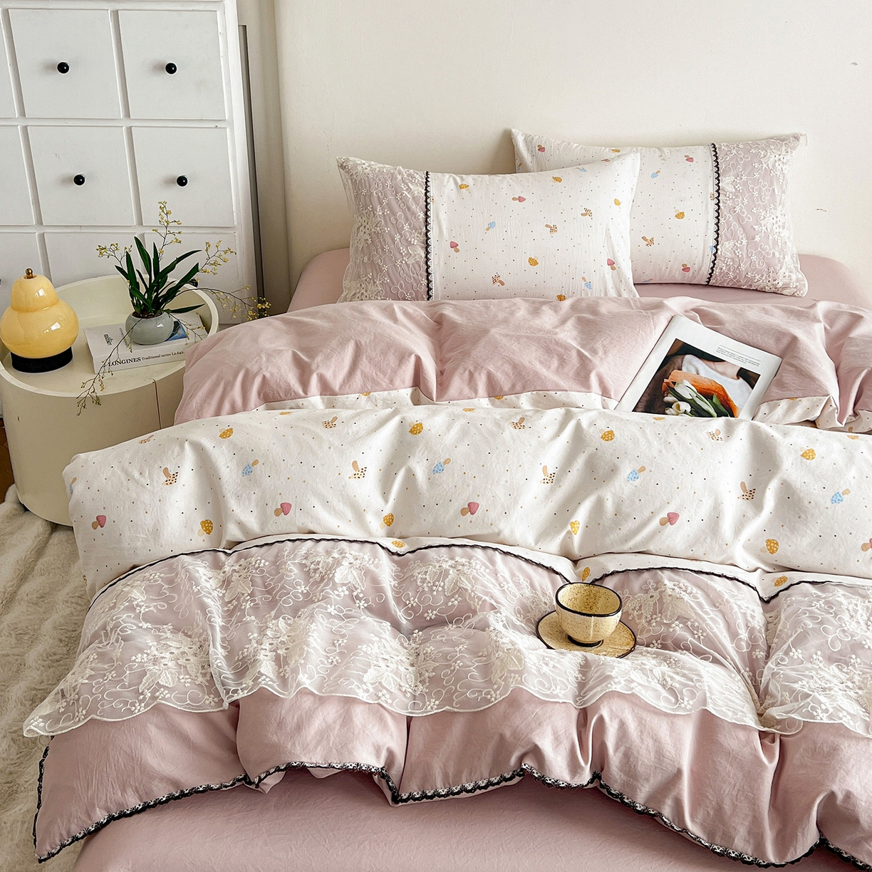 91家纺网 家纺一手货源 找家纺 纽缦家纺 2026新款A类105g仿棉四件套古法水洗棉套件-韩版系列 韩版-莱茵杏