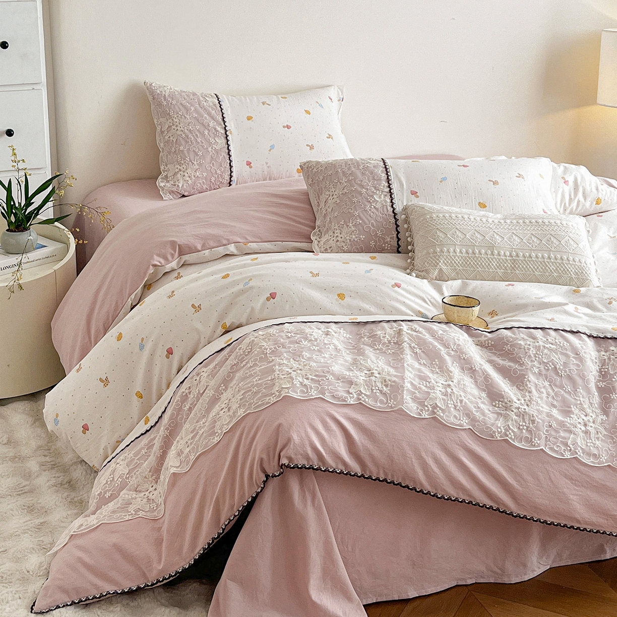 91家纺网 家纺一手货源 找家纺 纽缦家纺 2026新款A类105g仿棉四件套古法水洗棉套件-韩版系列 韩版-莱茵杏