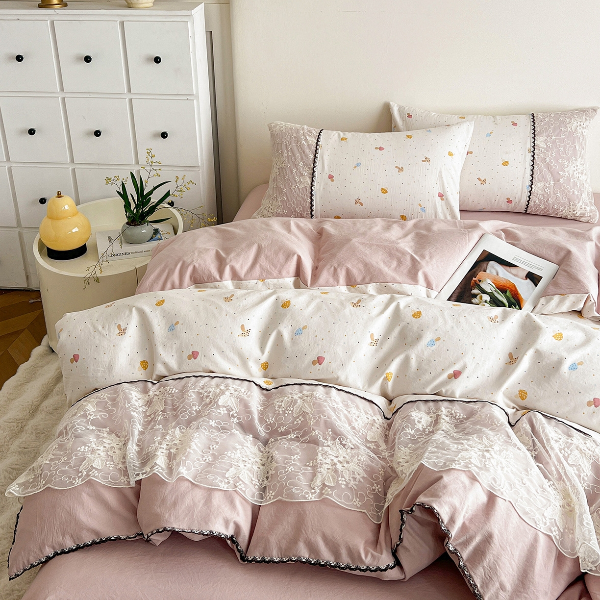 91家纺网 家纺一手货源 找家纺 纽缦家纺 2026新款A类105g仿棉四件套古法水洗棉套件-韩版系列 韩版-莱茵杏