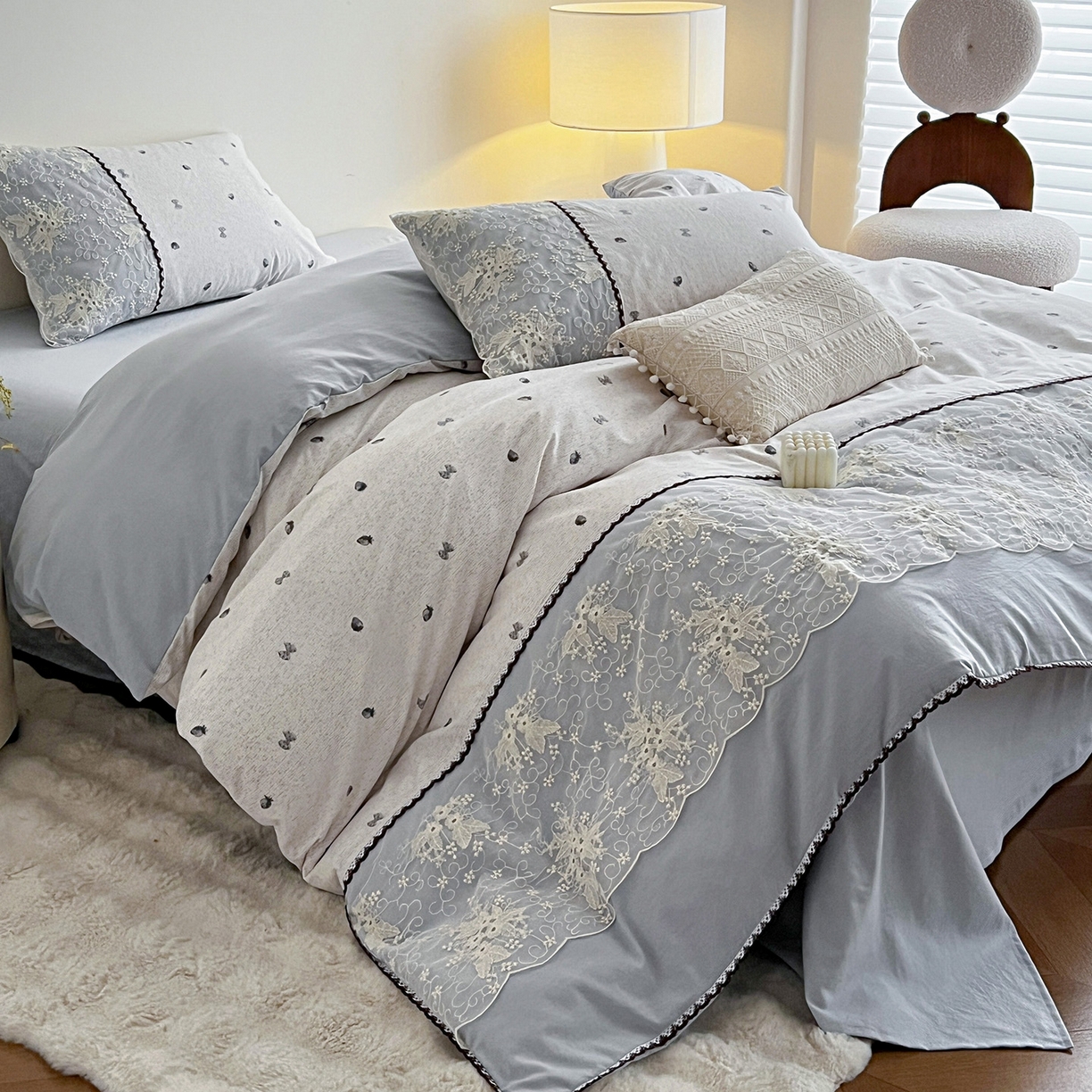 91家纺网 家纺一手货源 找家纺 纽缦家纺 2026新款A类105g仿棉四件套古法水洗棉套件-韩版系列 韩版-初春灰