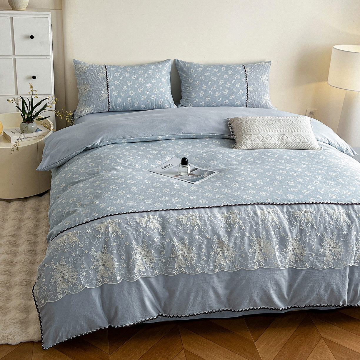 91家纺网 家纺一手货源 找家纺 纽缦家纺 2026新款A类105g仿棉四件套古法水洗棉套件-韩版系列 韩版-密爱兰