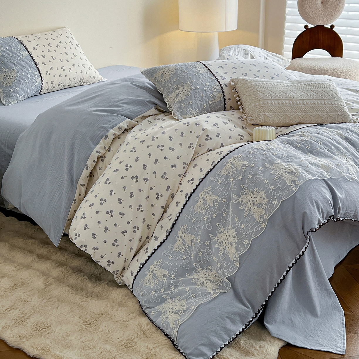 91家纺网 家纺一手货源 找家纺 纽缦家纺 2026新款A类105g仿棉四件套古法水洗棉套件-韩版系列 韩版-清丽灰