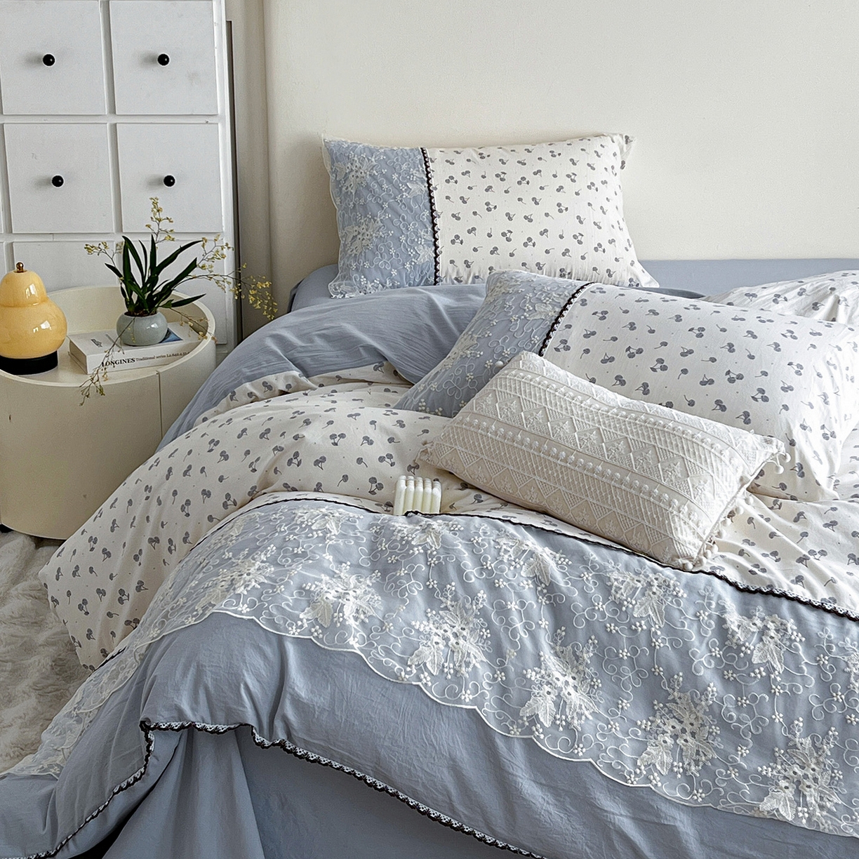 91家纺网 家纺一手货源 找家纺 纽缦家纺 2026新款A类105g仿棉四件套古法水洗棉套件-韩版系列 韩版-清丽灰