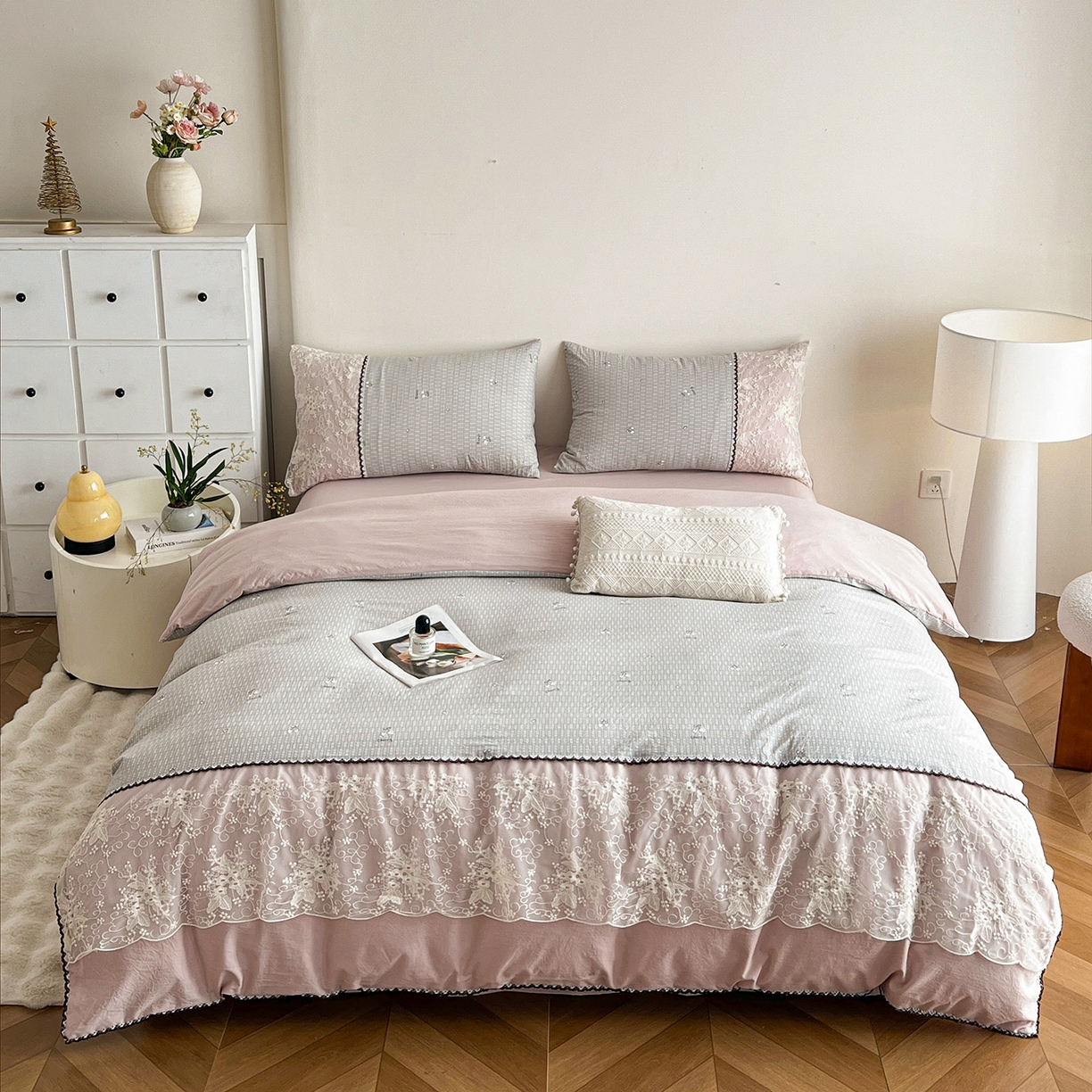 91家纺网 家纺一手货源 找家纺 纽缦家纺 2026新款A类105g仿棉四件套古法水洗棉套件-韩版系列 韩版-嫣然灰