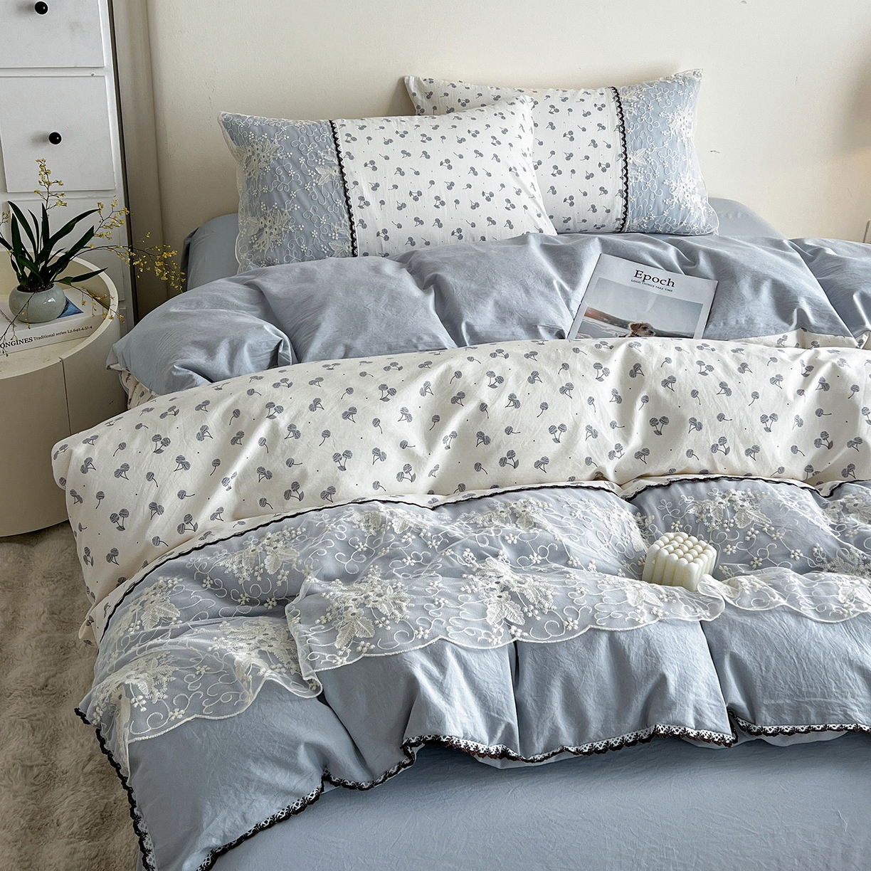 91家纺网 家纺一手货源 找家纺 纽缦家纺 2026新款A类105g仿棉四件套古法水洗棉套件-韩版系列 韩版-清丽灰