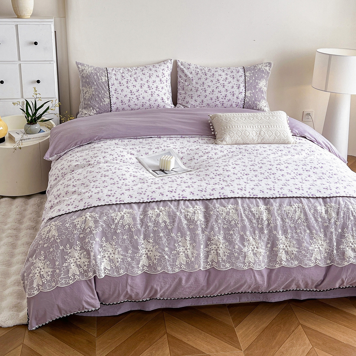 91家纺网 家纺一手货源 找家纺 纽缦家纺 2026新款A类105g仿棉四件套古法水洗棉套件-韩版系列 韩版-波影紫