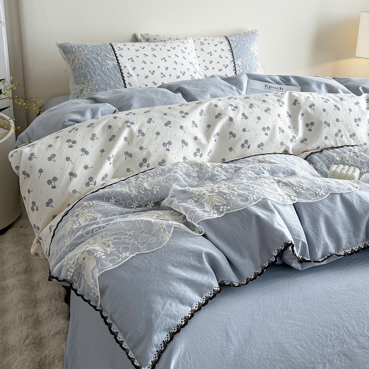 91家纺网 家纺一手货源 找家纺 纽缦家纺 2026新款A类105g仿棉四件套古法水洗棉套件-韩版系列 韩版-清丽灰