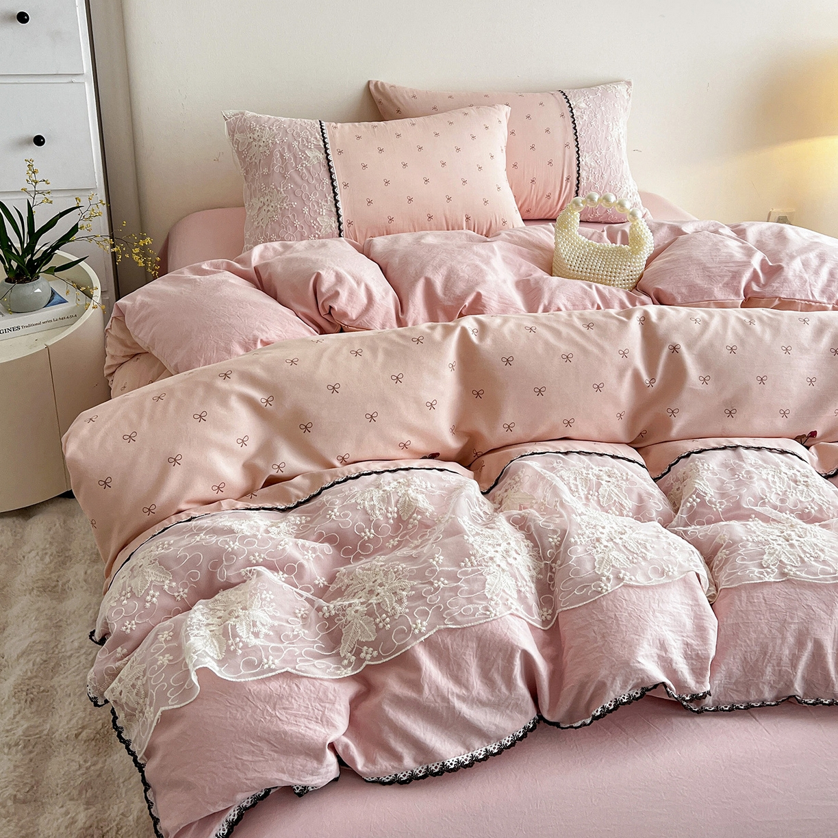 纽缦家纺 2026新款A类105g仿棉四件套古法水洗棉套件-韩版系列 韩版-梦樱粉