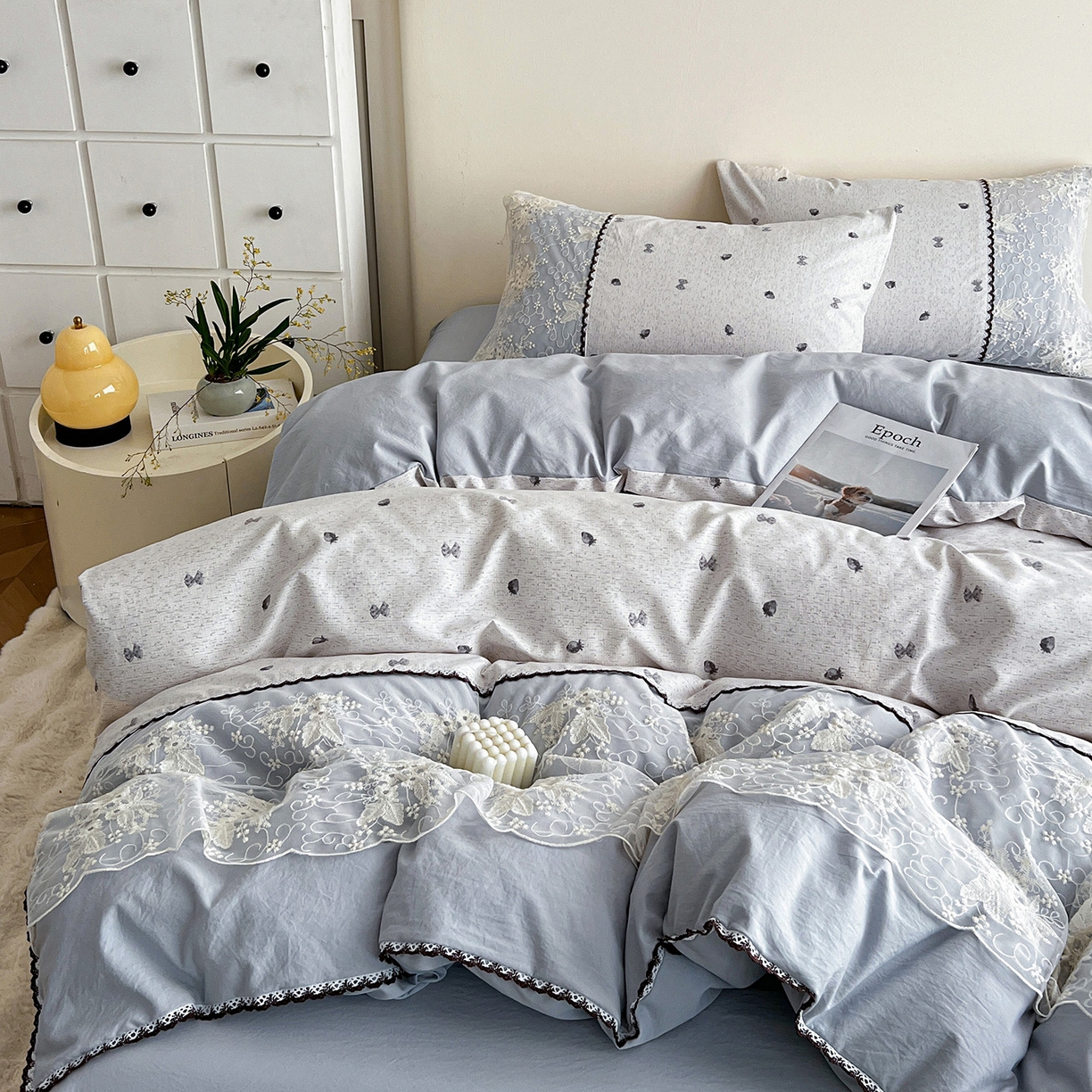 91家纺网 家纺一手货源 找家纺 纽缦家纺 2026新款A类105g仿棉四件套古法水洗棉套件-韩版系列 韩版-初春灰