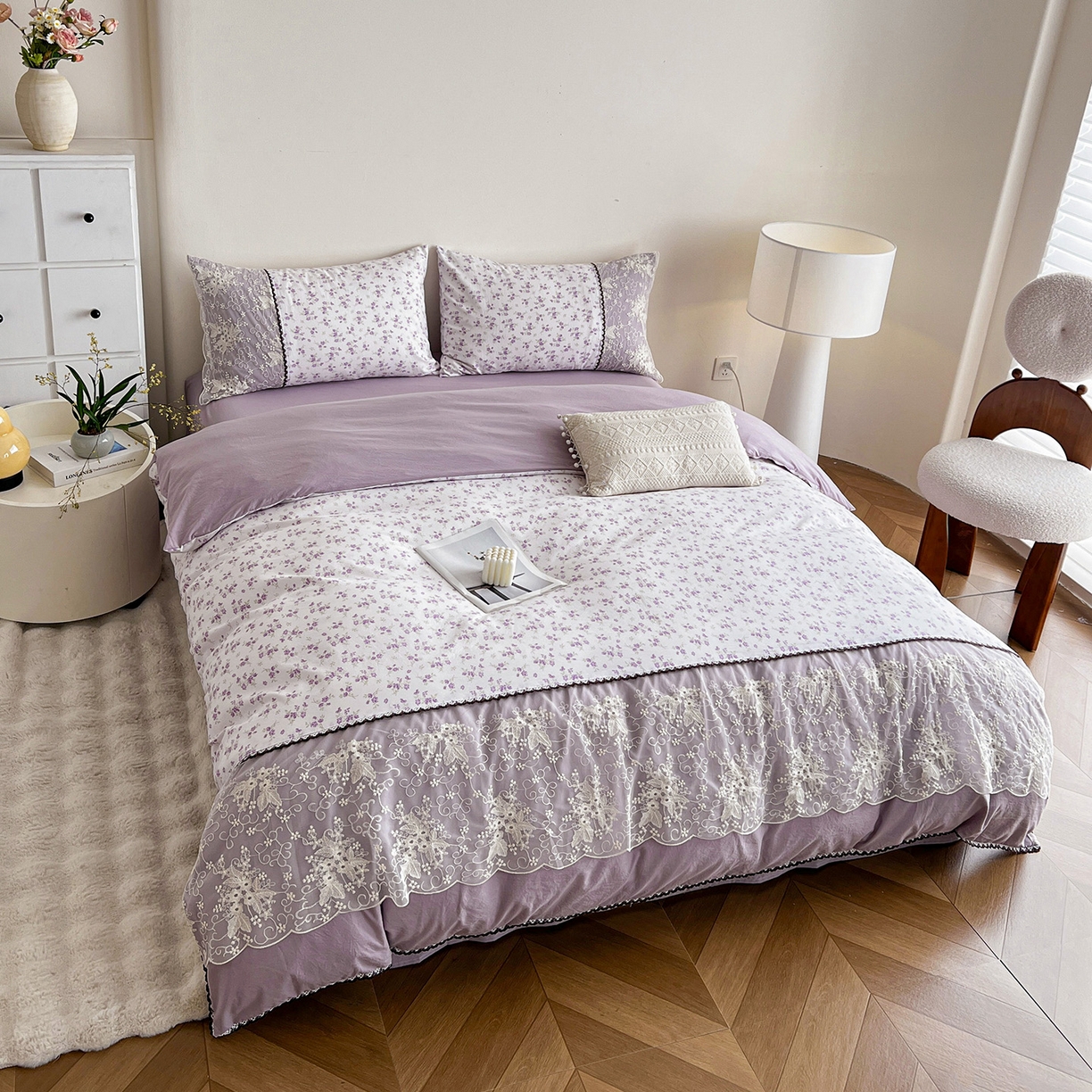 91家纺网 家纺一手货源 找家纺 纽缦家纺 2026新款A类105g仿棉四件套古法水洗棉套件-韩版系列 韩版-波影紫