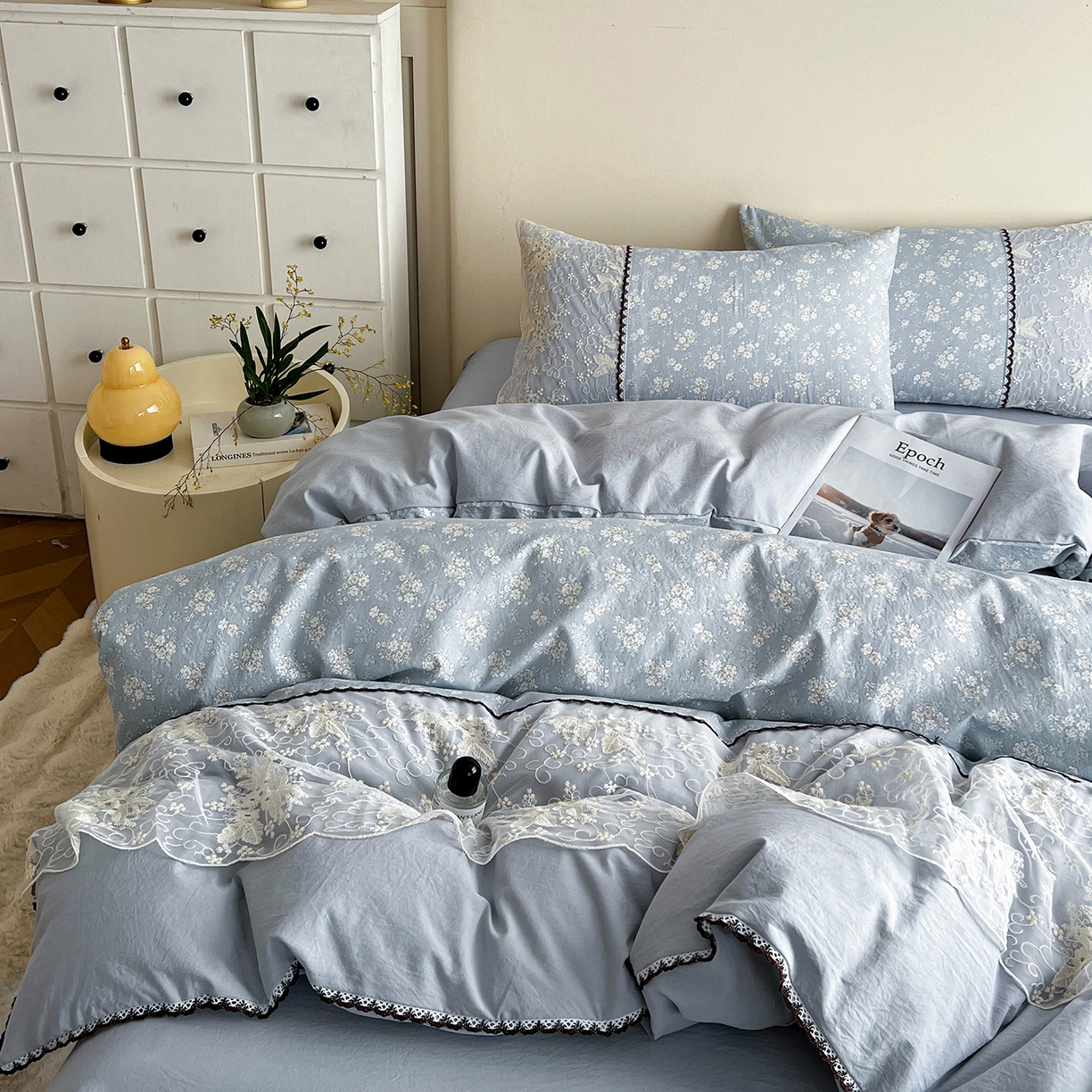 91家纺网 家纺一手货源 找家纺 纽缦家纺 2026新款A类105g仿棉四件套古法水洗棉套件-韩版系列 韩版-密爱兰